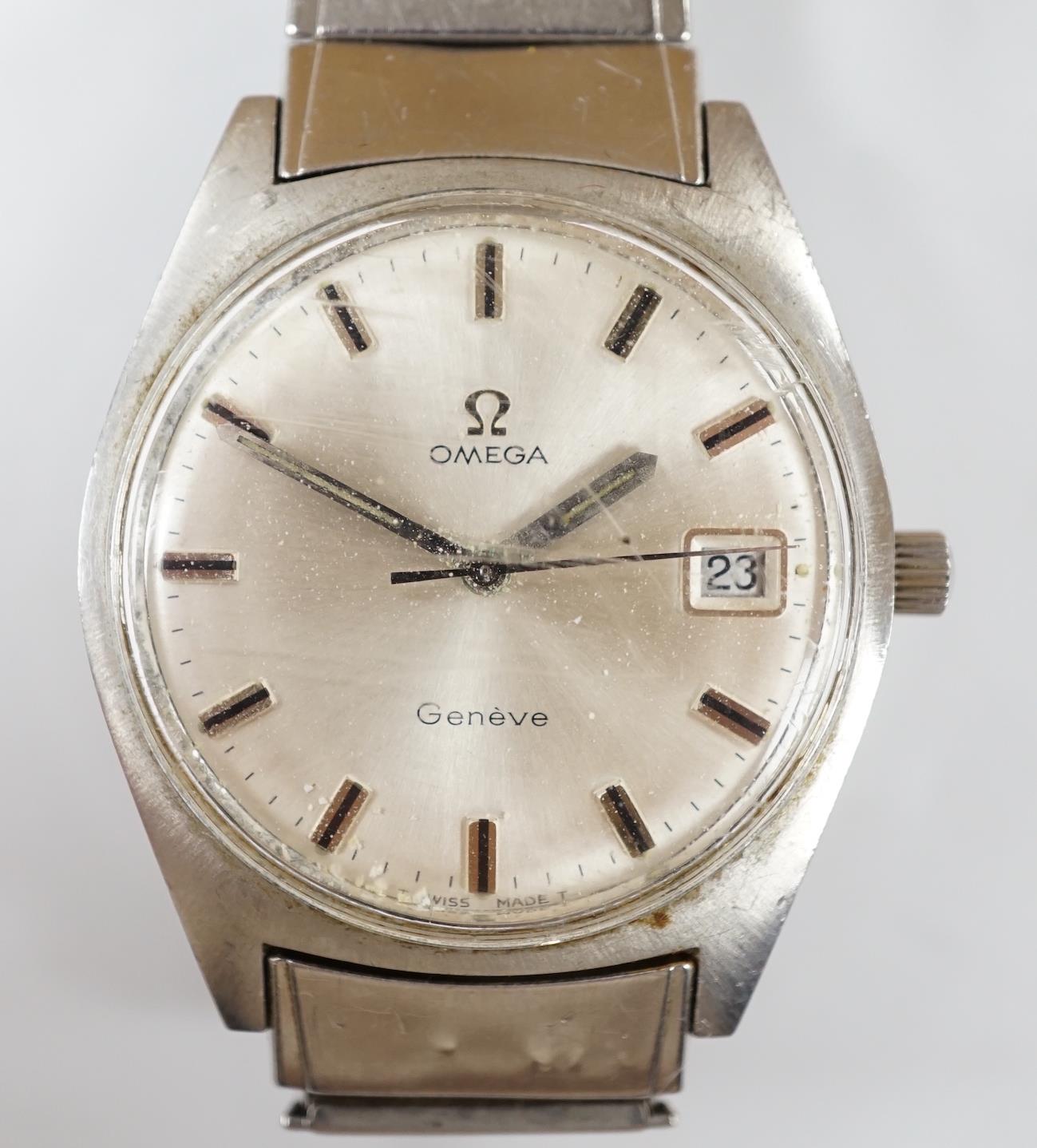 A gentleman's stainless steel Omega manual wind wrist watch, with date aperture, on associated flexible strap, case diameter 35mm, no box or papers.